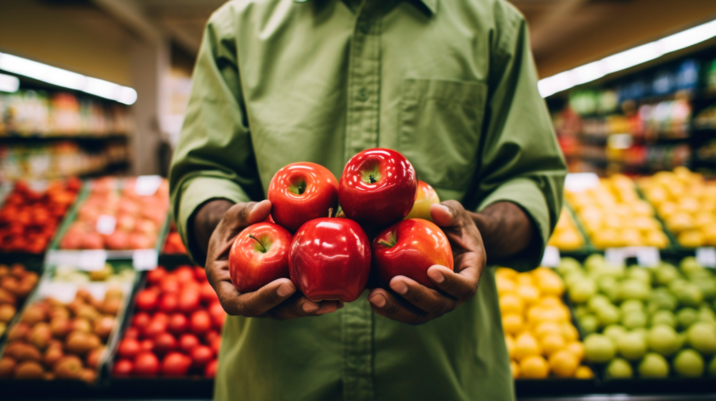 man holding shiny apples in the grocery store in front of produce