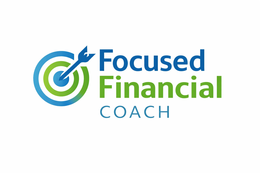 Focused Financial Coach logo in blue and green featuring a target with an arrow hitting the center, alongside bold modern text reading “Focused Financial Coach,” symbolizing clarity, direction, and financial goal achievement.